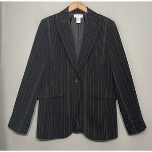 Y2K Structured Blazer Womens Size 10 Black Pinstriped Jacket Office Career Dark